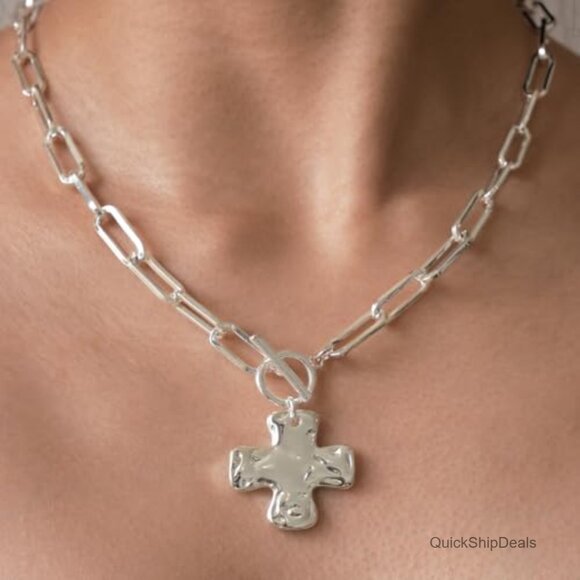 Chunky Cross Pendant Necklace with Vintage Toggle Clasp, Bold Thick Chain - Picture 3 of 7
